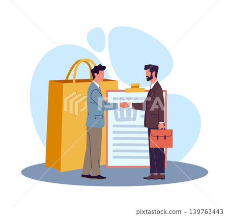 Purchase and sale terms. Marketing investments, conclusion of agreement, product quality guarantee, business handshake agreement, relationship commercial transaction vector cartoon concept Purchase and sale terms. Marketing investments, conclusion of agreement, product quality guarantee, business handshake agreement, relationship commercial transaction vector cartoon concept 139763443