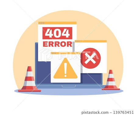 Web page error icon. Page was not found, system website failure, forbidden internet connection interruption, warning and blocked access icons, laptop interface vector cartoon flat concept Web page error icon. Page was not found, system website failure, forbidden internet connection interruption, warning and blocked access icons, laptop interface vector cartoon flat concept 139763451
