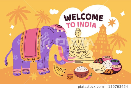 Welcome to India. Invitation to visit country, cultural values and familiarization with traditions, travel, tourism, decorated elephant card or banner design, garish vector cartoon concept Welcome to India. Invitation to visit country, cultural values and familiarization with traditions, travel, tourism, decorated elephant card or banner design, garish vector cartoon concept 139763454