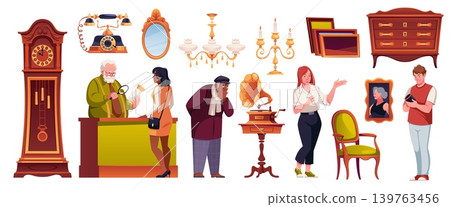 People in antique shop. Vintage store visitors, retro items buyers, collectors, second hand appraiser, garage sale people, man and woman buying Victorian furniture tidy vector cartoon set People in antique shop. Vintage store visitors, retro items buyers, collectors, second hand appraiser, garage sale people, man and woman buying Victorian furniture tidy vector cartoon set 139763456