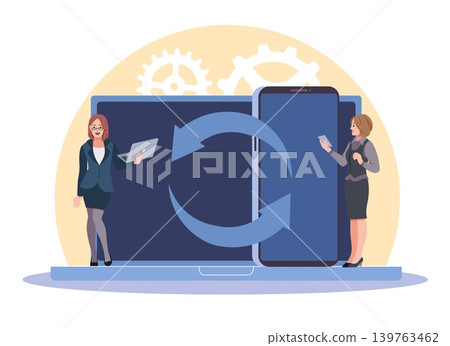 Process of syncing smartphone with laptop. Users exchange digital data, wireless connection, exchange data between devices, synchronization cross platform integration vector cartoon concept Process of syncing smartphone with laptop. Users exchange digital data, wireless connection, exchange data between devices, synchronization cross platform integration vector cartoon concept 139763462