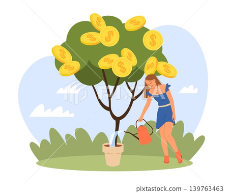 Profit growth. Woman waters money tree, gold coins on plant, successful startup, financial investment, wealth building, business success, future capital vector cartoon isolated concept 139763463