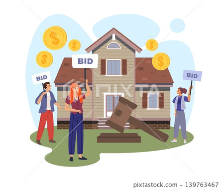 Purchase and sale of real estate. Selling house under hammer, auction and bids, home residential bidding scene pricing competition, buyer and seller deal, vector cartoon isolated concept Purchase and sale of real estate. Selling house under hammer, auction and bids, home residential bidding scene pricing competition, buyer and seller deal, vector cartoon isolated concept 139763467