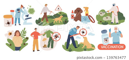 Ticks insects. Bite danger, infection with encephalitis, borreliosis, people in nature, protective measures, vaccination, public health and veterinary safety garish vector cartoon flat set Ticks insects. Bite danger, infection with encephalitis, borreliosis, people in nature, protective measures, vaccination, public health and veterinary safety garish vector cartoon flat set 139763477