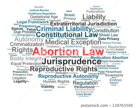 Abortion Law Word Cloud. Visual Overview of Key Statutory Frameworks, Jurisprudence, Gestational Restraints, Constitutional Protections, and Healthcare Regulations for Experts. 139763500