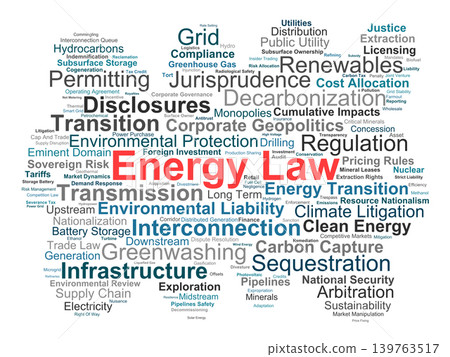 Energy Law Word Cloud. Visual Representation of Core Principles in Energy Jurisprudence Grid Decarbonization Resource Regulation Supply Chains and Climate Market Compliance. 139763517