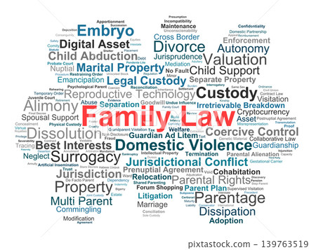 Family Law Word Cloud. Visual Representation of Core Principles in Domestic Jurisprudence Asset Valuation Parentage Disputes Custody Frameworks and Relationship Dissolution. 139763519