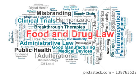 Food and Drug Law Word Cloud. A visual representation of key concepts in administrative regulation pharmaceutical safety medical device compliance and consumer protection. Food and Drug Law Word Cloud. A visual representation of key concepts in administrative regulation pharmaceutical safety medical device compliance and consumer protection. 139763522