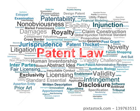 Patent Law Word Cloud. Visual Representation of Core Principles in Patent Jurisprudence Involving Eligibility Thresholds Validity Challenges Enforcement and Infringement Remedies. 139763531