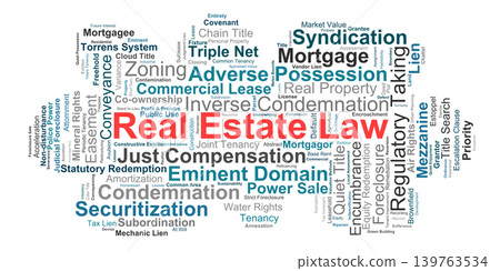 Real Estate Law Word Cloud. A visual summary mapping core property legalities including commercial leases eminent domain zoning variances deeds and mortgage foreclosure for experts. Real Estate Law Word Cloud. A visual summary mapping core property legalities including commercial leases eminent domain zoning variances deeds and mortgage foreclosure for experts. 139763534