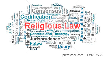 Religious Law Word Cloud. Sacred Jurisprudence Ecclesiastical Systems and Divine Doctrine Religious Law Word Cloud. Sacred Jurisprudence Ecclesiastical Systems and Divine Doctrine 139763536
