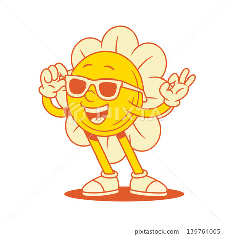 Happy yellow flower chamomile cartoon character in sunglasses contoured vector flat 139764005