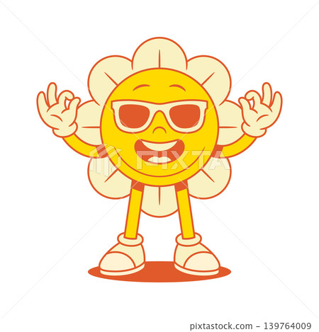 Cool yellow flower chamomile cartoon character in sunglasses contoured vector flat illustration Cool yellow flower chamomile cartoon character in sunglasses contoured vector flat illustration 139764009