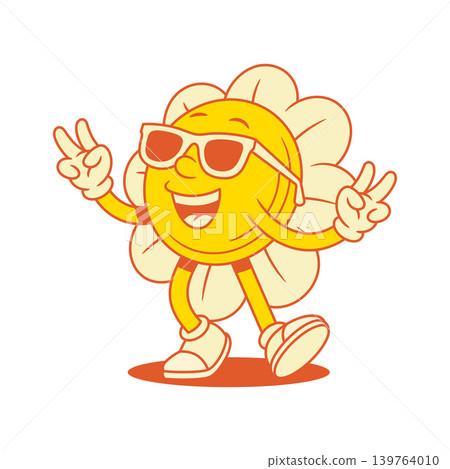 Adorable comic yellow flower chamomile cartoon character in sunglasses contoured vector flat 139764010