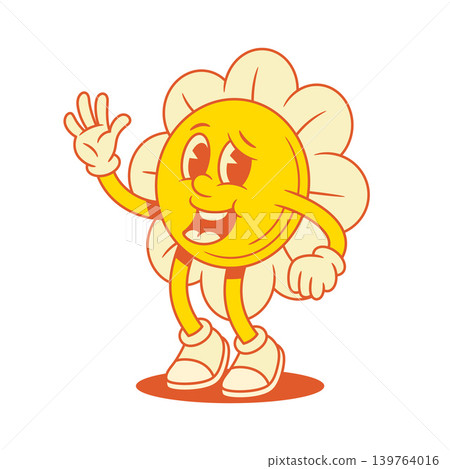 Cheerful yellow flower chamomile cartoon character greeting hi contoured vector flat illustration Cheerful yellow flower chamomile cartoon character greeting hi contoured vector flat illustration 139764016