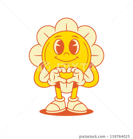 Cute yellow flower chamomile cartoon character heart gesture contoured vector flat illustration 139764025