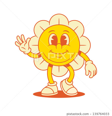 Happy yellow flower chamomile cartoon character waving hand contoured vector flat Happy yellow flower chamomile cartoon character waving hand contoured vector flat 139764033
