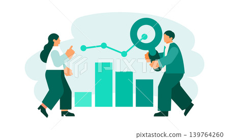 Analysts use a magnifying glass to examine market research trends in graphs and charts. Analysts use a magnifying glass to examine market research trends in graphs and charts. 139764260