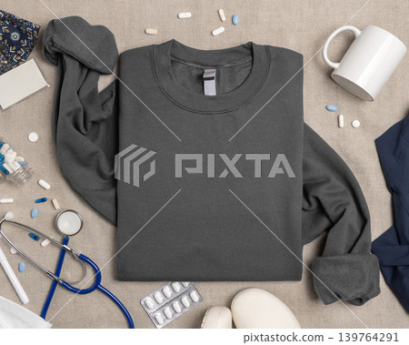Blank dark grey unisex sweatshirt mockup with medical accessories top view, print on demand template Blank dark grey unisex sweatshirt mockup with medical accessories top view, print on demand template 139764291