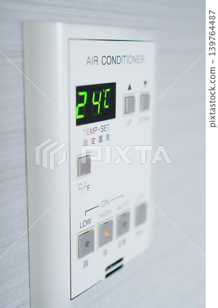 8Avanti A comfortable indoor environment on a hot summer day. The air conditioning panel in a hotel room with the air conditioning on. 139764487