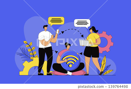 Wireless technology concept with modern flat design for web. Man and woman using free internet and connecting to wifi hotspot from laptop and smartphone for virtual chatting. Vector illustration. Wireless technology concept with modern flat design for web. Man and woman using free internet and connecting to wifi hotspot from laptop and smartphone for virtual chatting. Vector illustration. 139764498