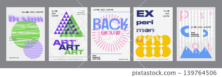 Abstract cover typography template. Posters layouts with decorative geometric artwork with striped circles, grid triangles, simple naive forms. Modern banners set in retro design. Vector illustration. Abstract cover typography template. Posters layouts with decorative geometric artwork with striped circles, grid triangles, simple naive forms. Modern banners set in retro design. Vector illustration. 139764506