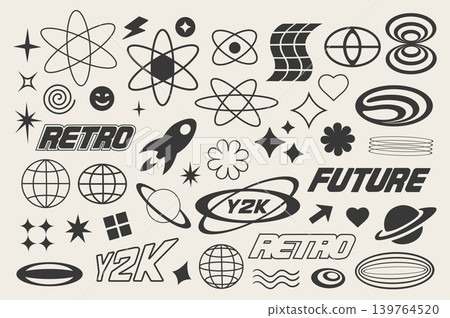 Retro futuristic elements y2k style set in flat graphic design. Collection isolated symbols of black groovy stars, lightnings, atoms, cosmic rocket, planets, other figure shapes. Vector illustration. 139764520