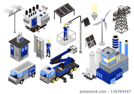Electricity 3d isometric mega set in isometry graphic design. Collection elements of power line, transformer station, solar panels, wind turbine, electricians, fitters, other. Vector illustration. Electricity 3d isometric mega set in isometry graphic design. Collection elements of power line, transformer station, solar panels, wind turbine, electricians, fitters, other. Vector illustration. 139764547