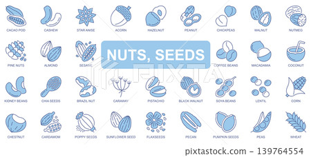 Nuts and seeds icons set in duotone outline stroke design for web. Pack pictograms of cacao, cashew, star anise, acorn, hazelnut, peanut, chickpea, almond, coffee bean, other. Vector illustration. Nuts and seeds icons set in duotone outline stroke design for web. Pack pictograms of cacao, cashew, star anise, acorn, hazelnut, peanut, chickpea, almond, coffee bean, other. Vector illustration. 139764554