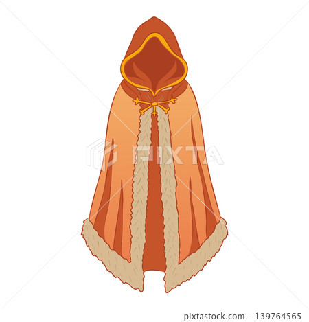 Brown magic cloak with and fur details in flat design. Mantle with hood. Vector illustration isolated. 139764565