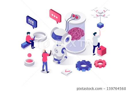 Artificial intelligence 3d isometric concept in geometry graphic design for web. People working with AI and robots technology, creating brain neural network and machine learning. Vector illustration. 139764568
