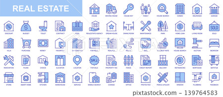 Real estate web icons set in duotone outline stroke design. Pack pictograms with house, moving, key, condo, insurance, garage, budget, pool, agent, rooms, maintenance, loan, rent. Vector illustration. Real estate web icons set in duotone outline stroke design. Pack pictograms with house, moving, key, condo, insurance, garage, budget, pool, agent, rooms, maintenance, loan, rent. Vector illustration. 139764583