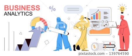 Business analytics concept in flat cartoon design for web banner. People analyzing data graphs, calculating financial diagram report, monitoring balance and planning strategy. Vector illustration. Business analytics concept in flat cartoon design for web banner. People analyzing data graphs, calculating financial diagram report, monitoring balance and planning strategy. Vector illustration. 139764590