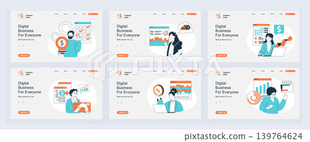 Digital business concept of landing page with slide templates set in flat design. Website headers with people create content plan, using marketing tools for attract clients. Vector illustrations. Digital business concept of landing page with slide templates set in flat design. Website headers with people create content plan, using marketing tools for attract clients. Vector illustrations. 139764624