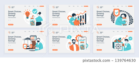 People saving money concept of landing page with slide templates set in flat design. Website headers with people planning budget, managing personal finance and doing deposits. Vector illustrations. People saving money concept of landing page with slide templates set in flat design. Website headers with people planning budget, managing personal finance and doing deposits. Vector illustrations. 139764630