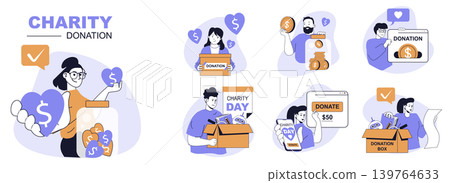 Charity donation concept set in flat web design. People in isolated scenes holding donation box, putting coins and sending money in apps, volunteers supporting and helping. Vector illustrations. Charity donation concept set in flat web design. People in isolated scenes holding donation box, putting coins and sending money in apps, volunteers supporting and helping. Vector illustrations. 139764633