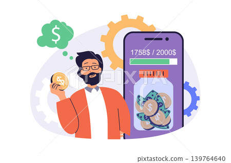 Saving money web concept with flat cartoon people for website design. Man collecting coins and cash using mobile app, making deposits in bank and getting profit at account. Vector illustration. 139764640
