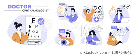 Doctor ophthalmologist concept set in flat web design. People in isolated scenes visiting eye clinic for eyesight tests and eyeball research, get correction with lens or glasses. Vector illustrations. 139764641