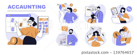 Accounting concept set in flat web design. People in isolated scenes inspecting financial balance, making tax calculation, investing money, banking, planning and reporting. Vector illustrations. Accounting concept set in flat web design. People in isolated scenes inspecting financial balance, making tax calculation, investing money, banking, planning and reporting. Vector illustrations. 139764657