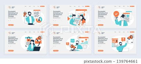Marketing and development concept of landing page with slide templates set in flat design. Website headers with people analyzing data, creating advertising promotion strategy. Vector illustrations. 139764661