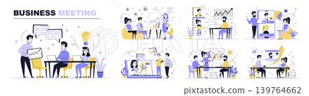 Business meeting concept set in flat web design. Collection with people discussing and cooperate at conference, working in team by video call. Flat vector illustration isolated on white background. Business meeting concept set in flat web design. Collection with people discussing and cooperate at conference, working in team by video call. Flat vector illustration isolated on white background. 139764662
