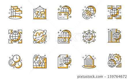 Global business icons set in outline stroke design for web. Pack line pictograms with flag, map, card paying, target, online communication, international company expansion, other. Vector illustration. Global business icons set in outline stroke design for web. Pack line pictograms with flag, map, card paying, target, online communication, international company expansion, other. Vector illustration. 139764672