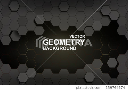 Abstract background with dark hexagon tiles mosaic with thin golden lines decoration on black backdrop. Elegance luxury wallpaper with honeycomb pattern in repetition composition. Vector illustration Abstract background with dark hexagon tiles mosaic with thin golden lines decoration on black backdrop. Elegance luxury wallpaper with honeycomb pattern in repetition composition. Vector illustration 139764674