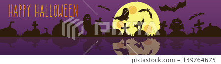 Happy Halloween banner design. Party invitation purple template with cemetery night silhouette, flying spooky ghosts and bats, pumpkins, tombstone crosses, huge moon, black cat. Vector illustration. Happy Halloween banner design. Party invitation purple template with cemetery night silhouette, flying spooky ghosts and bats, pumpkins, tombstone crosses, huge moon, black cat. Vector illustration. 139764675
