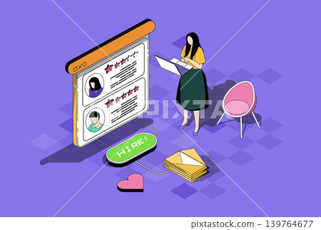 HR process web concept in 3d isometric graphic design. Isometry people scene with woman working as head hunter in company, choosing best candidate with online resume to interview. Vector illustration. HR process web concept in 3d isometric graphic design. Isometry people scene with woman working as head hunter in company, choosing best candidate with online resume to interview. Vector illustration. 139764677