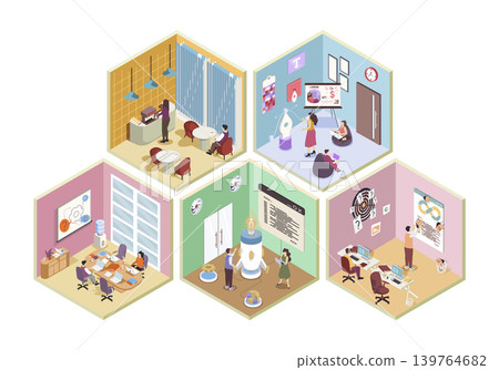 Development company 3d isometric rooms concept in isometry graphic design for web. People working in offices, programming and developing startup, brainstorming at conference hall. Vector illustration. Development company 3d isometric rooms concept in isometry graphic design for web. People working in offices, programming and developing startup, brainstorming at conference hall. Vector illustration. 139764682