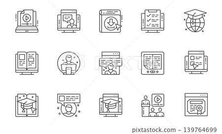 Learning icons set in outline stroke design for web. Pack line pictograms with online lesson, video at laptop, test, schedule, graduation, ebook, teacher, school chat and other. Vector illustration. Learning icons set in outline stroke design for web. Pack line pictograms with online lesson, video at laptop, test, schedule, graduation, ebook, teacher, school chat and other. Vector illustration. 139764699