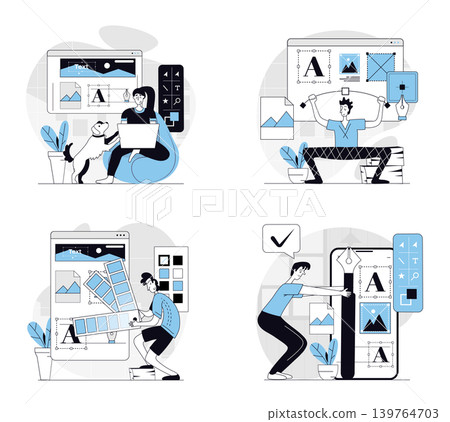 Designer studio concept set in flat design for web. Collection with people creating graphic elements, drawing digital images, selecting colours for site layout engineering. Vector illustrations. Designer studio concept set in flat design for web. Collection with people creating graphic elements, drawing digital images, selecting colours for site layout engineering. Vector illustrations. 139764703