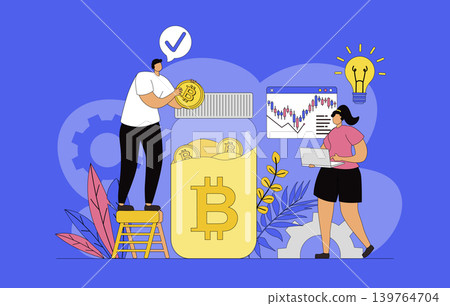 Cryptocurrency investment concept with modern flat design for web. Man and woman analyzing stock data, buys bitcoins, increases digital money income, developing crypto business. Vector illustration. 139764704