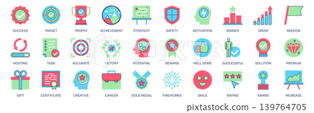 Success icon set in flat color icons web design. Pack pictograms with target, trophy, achievement, strategy, safety, motivation, winner, grow, mission, hosting, victory, other. Vector illustration. Success icon set in flat color icons web design. Pack pictograms with target, trophy, achievement, strategy, safety, motivation, winner, grow, mission, hosting, victory, other. Vector illustration. 139764705